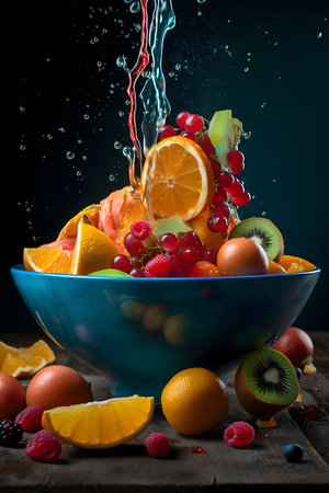 Fruit salad in a blue bowl with splashes of water on a dark backgroundの素材