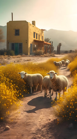 Sheep in the meadow at sunset. 3d rendering.の素材