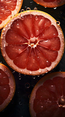 Slices of grapefruit with water drops on a dark backgroundの素材