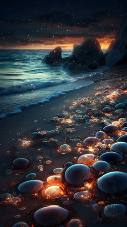 Stones on the beach at night. Nature composition. 3D renderingの素材