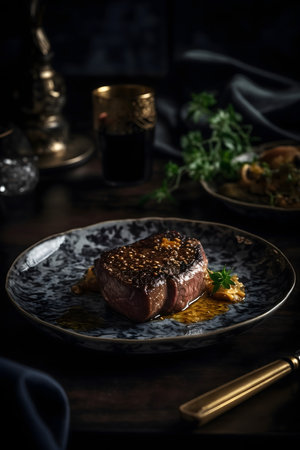 Beef tenderloin steak on a dark background. Toned.の素材