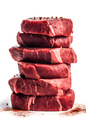 Raw beef steaks on a white background. Selective focus.の素材
