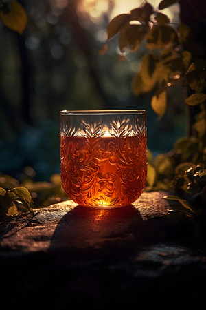Glass of tea on a wooden table in the forest. Selective focus.の素材