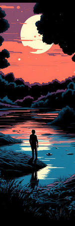 illustration of a silhouette of a man on the beach at sunsetの素材