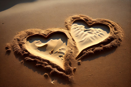 Two hearts in the sand on the beach, closeup of photoの素材