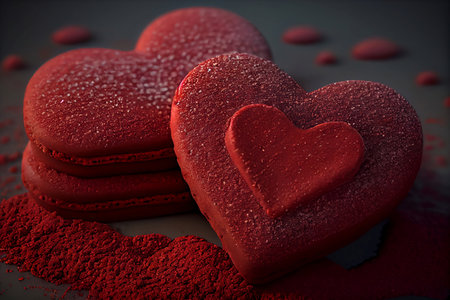 Red heart-shaped macaroons on a dark background. 3d renderingの素材