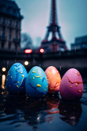 Colorful painted easter eggs in the rain with Eiffel tower in the backgroundの素材
