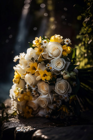 Wedding bouquet of white and yellow roses on dark backgroundの素材