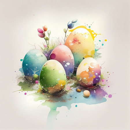 Easter eggs with flowers and watercolor splashes on paper backgroundの素材