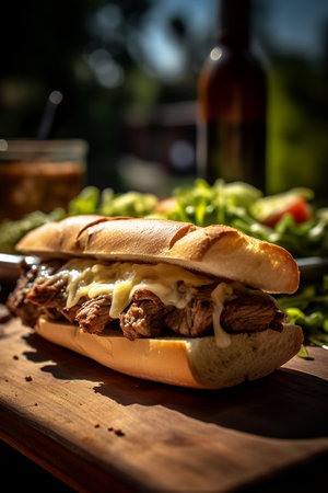 sandwich with beef and cheese on a wooden table in the gardenの素材