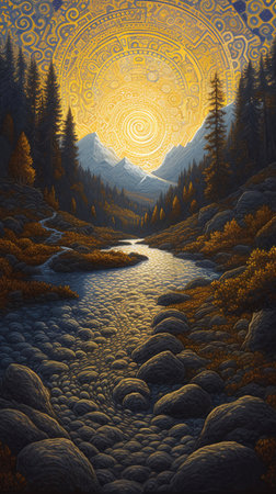 Fantasy landscape with mountain river and forest. Digital art painting.の素材