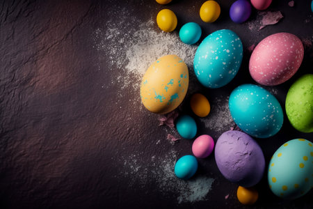 Colorful Easter eggs with flour on black background. Toned.の素材
