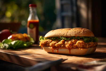 Sandwich with chicken, tomato sauce and lettuce on a wooden tableの素材