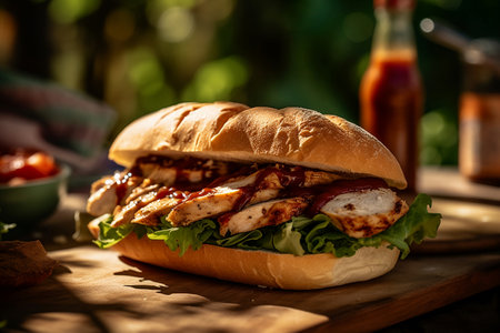 Chicken sandwich on a wooden board with ketchup and mayonnaiseの素材