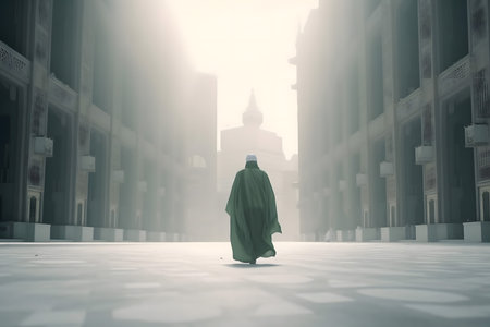 Conceptual image of Muslim man in traditional clothes standing in front of mosqueの素材