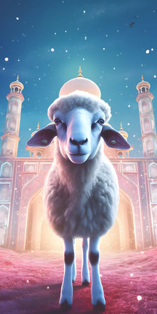 Sheep in front of the mosque. 3d illustration. Ramadan Kareem.の素材