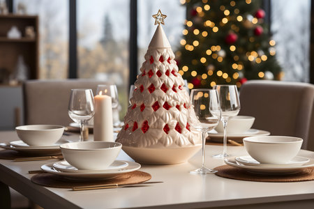 Christmas table setting with beautiful Christmas tree on blurred background, closeupの素材