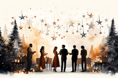 Silhouettes of people at Christmas dinner party in restaurant. Mixed mediaの素材