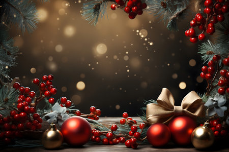 Christmas background with red baubles and fir branches on wooden tableの素材