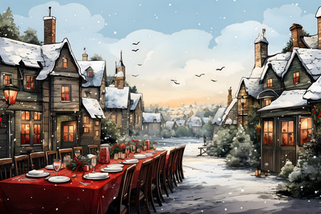 Cartoon winter landscape with old houses and street cafe, illustration for childrenの素材