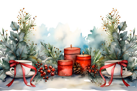 Christmas card with fir branches, candles and gift boxes. Vector illustration.の素材