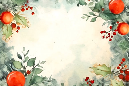Watercolor christmas background with holly and berries. Hand drawn illustrationの素材