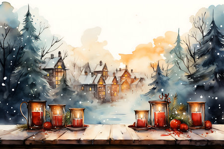 Winter landscape with houses and lanterns. Christmas and New Year.の素材