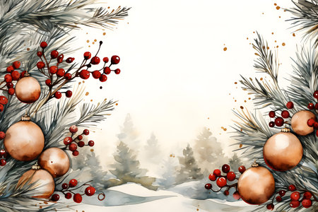 Christmas and New Year background with fir tree branches, red balls and berries.の素材