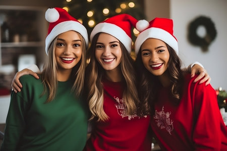 Portrait of three beautiful young women in santa hats looking at camera and smilingの素材