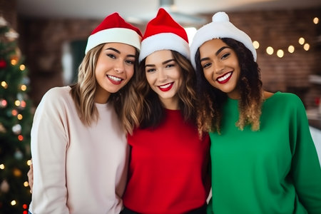 Portrait of three beautiful young women in christmas hats looking at cameraの素材