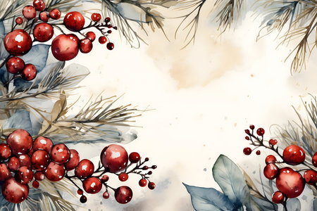 Christmas watercolor background with fir branches and berries. Hand painted illustration.の素材