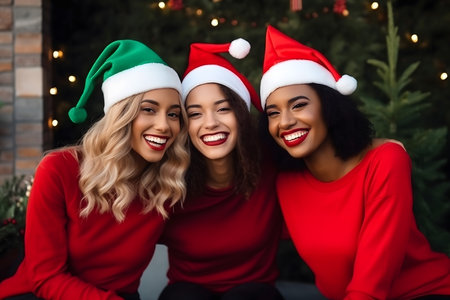 Beautiful young women in Santa hats looking at camera and smiling while celebrating Christmas at homeの素材