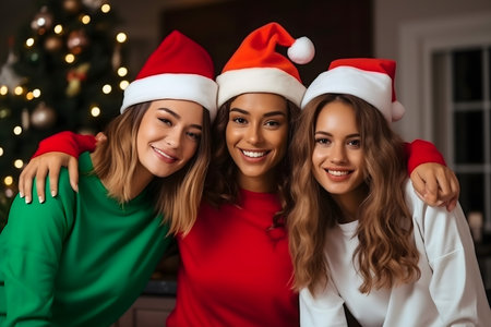 friendship, christmas, people and celebration concept - group of smiling women in santa helper hats hugging at homeの素材
