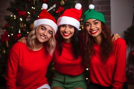 Portrait of three beautiful women in Santa hats sitting near Christmas treeの素材