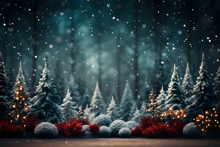 Winter landscape with Christmas trees and snowflakes. Christmas background.の素材