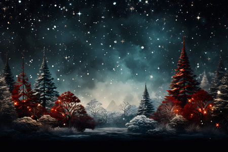 Fantasy winter landscape with snow covered trees and moon. 3D renderingの素材