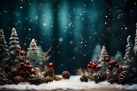 Christmas background with snow, Christmas tree and decorations on wooden table.の素材