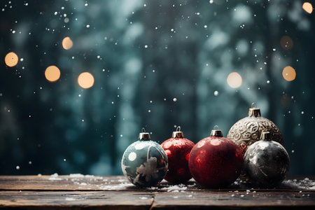 Christmas decoration on wooden table with snowfall and bokeh backgroundの素材