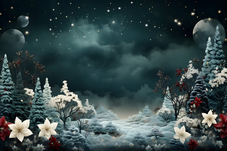 Winter forest with snow covered trees and full moon. Christmas background.の素材