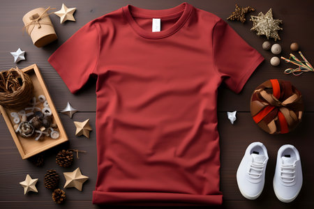 Red t-shirt mockup with christmas decoration on wooden backgroundの素材