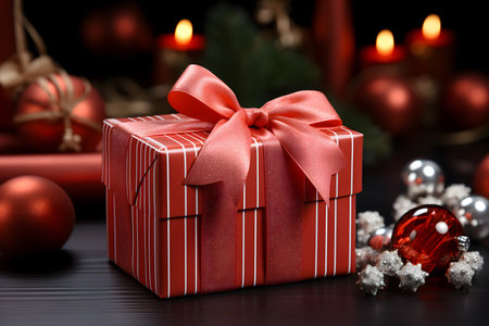 Christmas gift box with red ribbon on black wooden table, closeupの素材