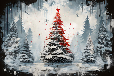 Digital painting of christmas tree in winter forest with snowflakesの素材