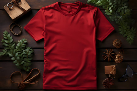 Red t-shirt mockup on dark wooden background, top viewの素材