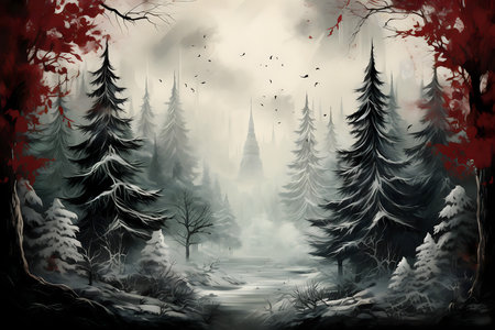 Fantasy winter forest with fog and trees. Digital painting illustration.の素材