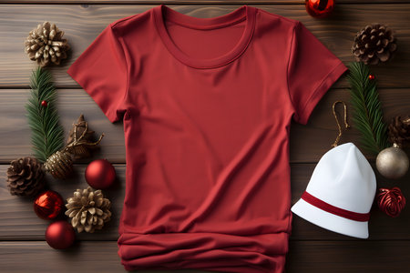 Red t-shirt with christmas decorations on brown wooden background.の素材