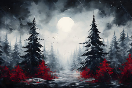 Fantasy winter landscape with fog, forest and moon. Digital painting.の素材