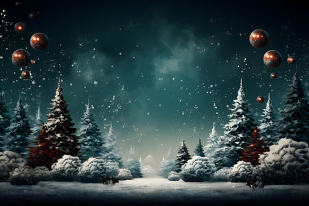 Winter landscape with snow covered trees and christmas balls. 3D renderingの素材