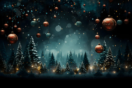 Christmas background with christmas balls and fir trees. 3d illustrationの素材