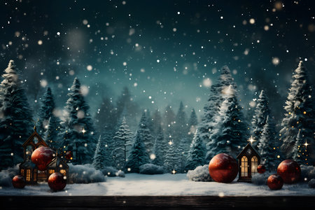 Christmas and New Year holidays background. Festive decoration on wooden table in snowy forest.の素材