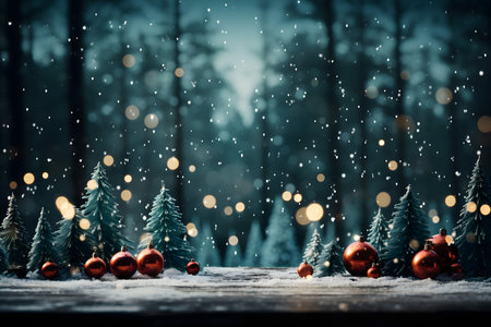 Christmas background with snowfall, Christmas trees and red baublesの素材